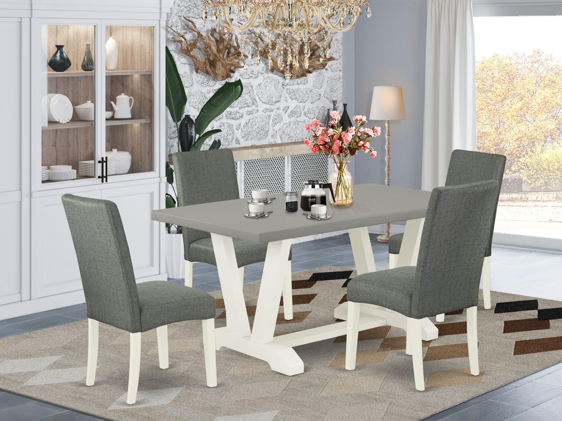 East West Furniture V096Dr207-5 5 Piece Modern Dining Table Set Includes A Rectangle Wooden Table With V-Legs And 4 Gray Linen Fabric Parsons Dining Chairs, 36X60 Inch, Multi-Color